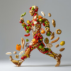 A runner made of junk food struggling to move forward, symbolizing how unhealthy foods can hinder physical performance