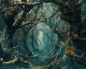 A surreal scene where a forests roots mimic the human nervous system, connecting every tree in a web of shared consciousness - obrazy, fototapety, plakaty