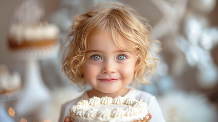 Naklejka premium Happy baby girl with birthday cake celebrating birthday.