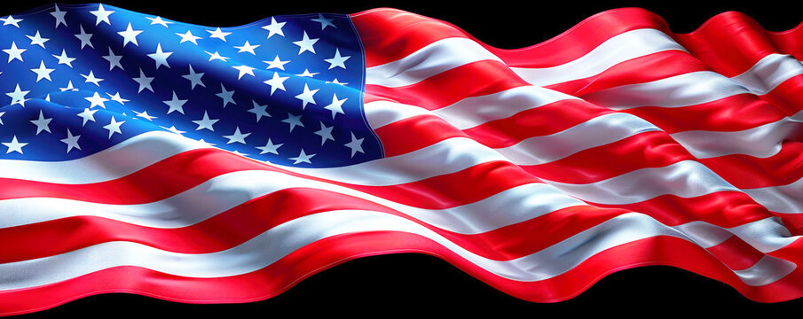 Flying national flag of the United States of America in the form of a wide graphic banner for political or elections with empty copy space.