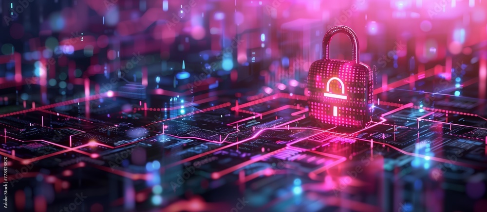 Poster padlock shield virtual screen interfaces. cybersecurity privacy digital data protection technology c