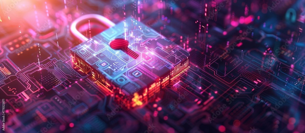 Poster padlock shield virtual screen interfaces. cybersecurity privacy digital data protection technology c