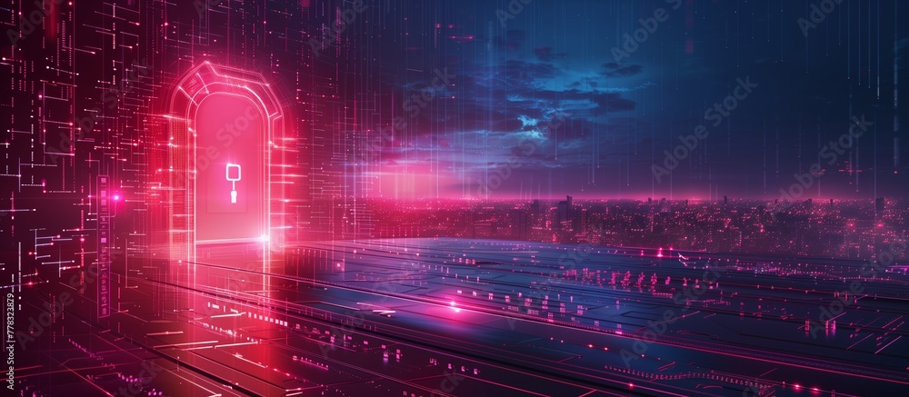 Poster padlock shield virtual screen interfaces. cybersecurity privacy digital data protection technology c