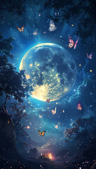 Vertical landscape recreation of a starry full moon sky with butterflies at night