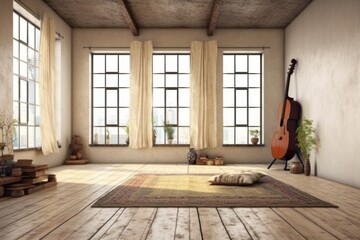 Zen-like minimalistic room with weathered floors and earthy tones. Dreamy earth tones, rustic accents. Ample wall space for artists to showcase their art.