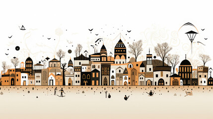 Artistic town illustration in earth tones, featuring stylized buildings and playful elements like birds and a hot air balloon.