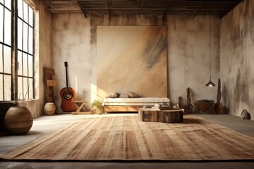 Fototapeta premium Zen-like minimalistic room with weathered floors and earthy tones. Dreamy earth tones, rustic accents. Ample wall space for artists to showcase their art.