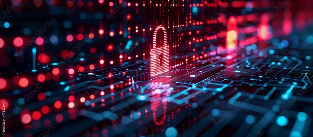 Poster padlock shield virtual screen interfaces. cybersecurity privacy digital data protection technology c