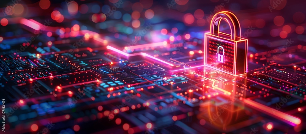 Poster padlock shield virtual screen interfaces. cybersecurity privacy digital data protection technology c