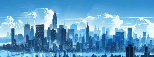 comic book new york skyline in blue - obrazy, fototapety, plakaty