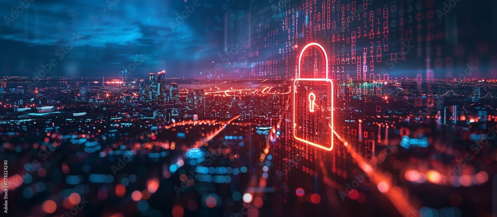 Poster padlock shield virtual screen interfaces. cybersecurity privacy digital data protection technology c