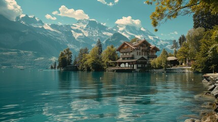 Fototapeta premium photograph of Summer Switzerland realistic --ar 16:9 Job ID: 5dd35bb7-846f-463b-85e9-be6099b7ff42
