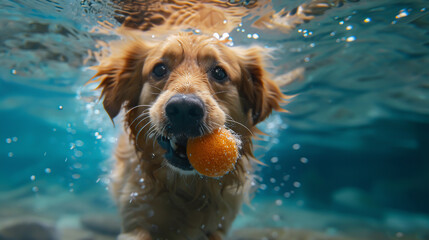 Fluffy, delighted dog swimming underwater, catch a ball in its mouth, joyful face, oversized eyes, adorable, photography, blue water, sunny