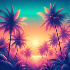 Fototapeta na wymiar Tropical beach with palm trees at sunset. Vector illustration generated by ai