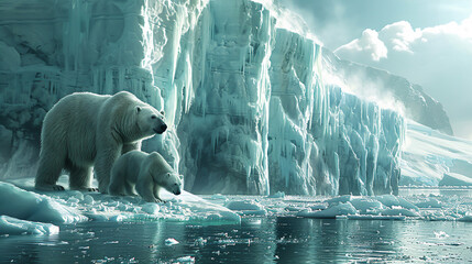 Polar bears constructing an iceberg fortress, using giant ice blocks to reinforce the structure, a symbol of their commitment to safeguarding their environment - obrazy, fototapety, plakaty