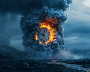 Smoke billowing from a volcano shapes into a clock, ticking down, a metaphor for the urgent need to address climate change - obrazy, fototapety, plakaty