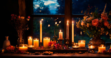 Candles and flowers on a windowsill at dusk, creating a cozy and warm ambiance with a romantic feel.
