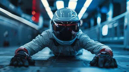 Someone sprawled across the floor with racing gear, including helmet and gloves, as they intensely navigate a virtual race track - obrazy, fototapety, plakaty