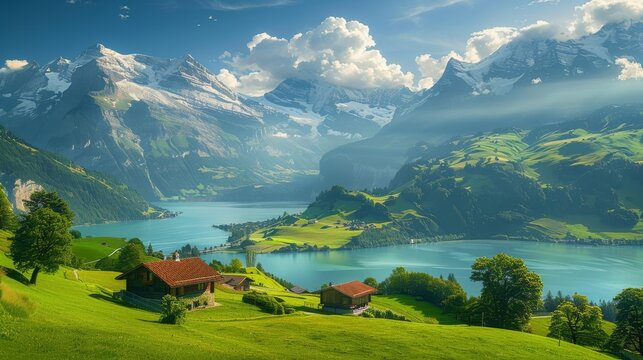 photograph of Summer Switzerland realistic --ar 16:9 Job ID: 24652547-71b8-464c-8768-daeb4de88e10