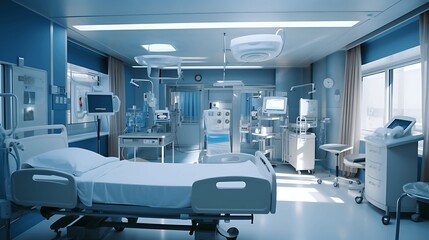 Patient bed in the hospital room. Healthcare and medical concept. Generative AI