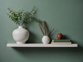 Floating white shelf with clay vase and books on light green wall. Home decor and storage organization. Modern living room interior design.