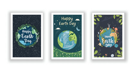Set of 3 Hand-Drawn, Minimalist Vector Illustration Postcards, Happy Earth Day Celebration