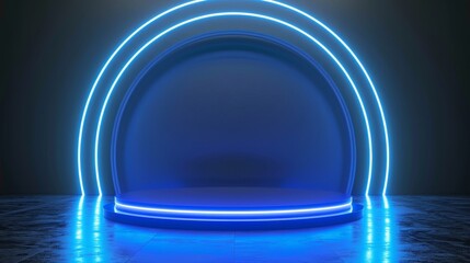 Render. Abstract background. Glowing frame with copy space. Blue neon arch above cylinder podium, fashion podium, empty performance stage, blank platform for displaying products - obrazy, fototapety, plakaty