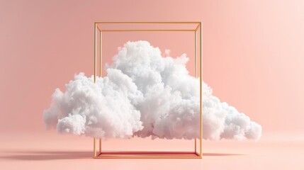 In this rendering, a white fluffy cloud flies through the golden frame, isolated against a peach background. It is a modern minimal gallery concept.