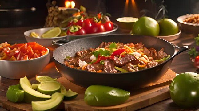 Harmonizing Flavors of Fajitas on a Cast-Iron Skillet, Featuring Mouthwatering Steak and a Melange of Spices