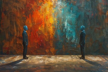 Painted figures confronting each other in art