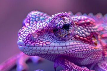 Fototapeta premium Close Up of a Colorful Chameleon in Vivid Purple Tones with Intricate Skin Patterns and Captivating Eyes