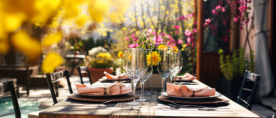 Fototapeta na wymiar Lunch in spring blooming garden, backyard. Rest, rustic vacation on surban house. Served woden table with tasty food,fruits, wineglasses. Outdoors dinner. Generative ai.