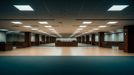 Fototapeta premium Modern office space with cubicles and bright lighting, designed for productivity and corporate work environments.