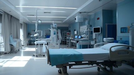 Interior of a modern hospital room. Medical equipment and patient bed. generative ai