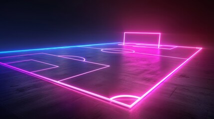 The neon soccer field scheme is shown to the side in a wide screen view; the virtual sport playground is a football sportive game that utilizes a pink violet blue glowing line as a backdrop. Isolated