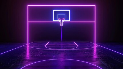 In this 3d render, violet blue glowing neon lights provide a frontal view of the basketball virtual playground, which is part of a sport field scheme and a sporting game. Isolated on black