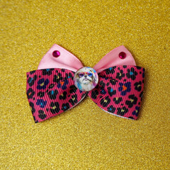 on a golden background there is a pink leopard bow decorated with shiny stones and an insert with a...