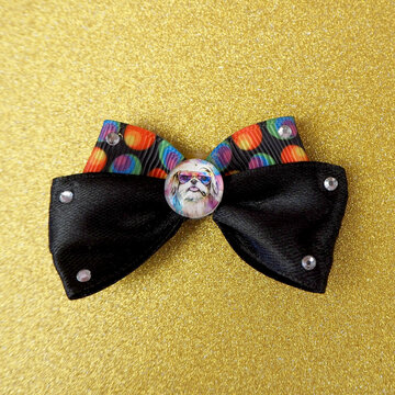 on a shiny gold background there is a black bow decorated with shiny stones and an insert with the image of a Shih Tzu dog in the middle. accessories for long-haired pets. top note for dogs
