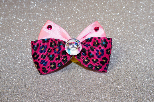 on a shiny silver background there is a pink leopard bow decorated with shiny stones and an insert with the image of a Shih Tzu dog in the middle. accessories for long-haired pets. top note for dogs
