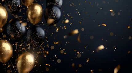 Celebrations background with black and golden balloons, serpentine, confetti, sparkles.Template for banner, greeting card illustrations. High quality photo