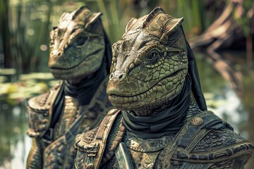 Close up Portrait of Realistic Dinosaur Costumes in Natural Jungle Environment for Movie Production