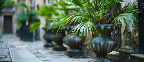Urban Oasis: Palm Fronds in Stone Urns Line a Cobblestone Path. Concept Urban Oasis, Palm Fronds, Stone Urns, Cobblestone Path - obrazy, fototapety, plakaty