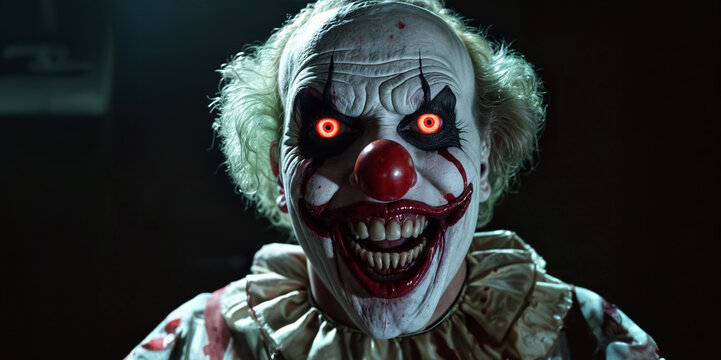 Ultra creepy clown with large bloody smiling mouth and rotting teeth, evil glowing orange eyes and balding hair line with white face paint stalking victims in a dimly lit dark interior corridor.	