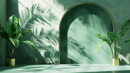Animated 3D render with tropical leaf shadows and bright sunlight. Minimal scene with arch niche and golden frame. A showcase for organic cosmetic products. - obrazy, fototapety, plakaty