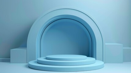 Fototapeta premium Abstract art deco blue background with empty podium for product presentation in 3D.