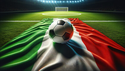 Soccer ball with Hungary flag on a football field, Generative ai