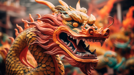 Fototapeta premium Vibrant Chinese dragon sculpture in a dynamic street scene, perfect for cultural events and travel promotions.