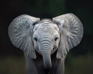 A baby elephant, its trunk lifted high as if greeting the world for the first time, ears flapping gently, isolated against a tranquil background.