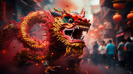 Golden dragon in a festive street scene, symbolizing cultural celebration, ideal for businesses...