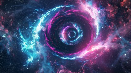 Animated 3D render, abstract cosmic background with galaxy and stars. Pink blue neon lines surrounding black hole. - obrazy, fototapety, plakaty